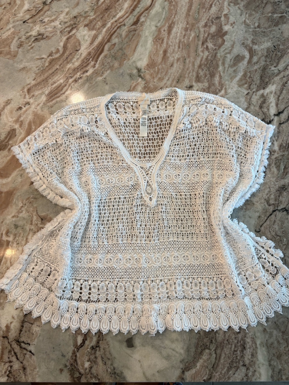 Chicos Boho White Crochet Lace Poncho Short Sleeve Summer Resort Blouse OS